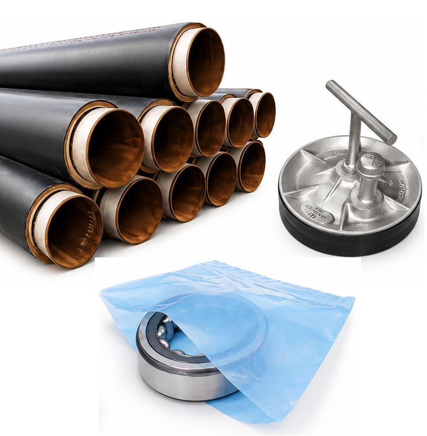 Conjunto de tuberías de acero con revestimiento negro y cobre interior, una herramienta manual de manipulación, y un rodamiento con cubierta de plástico azul