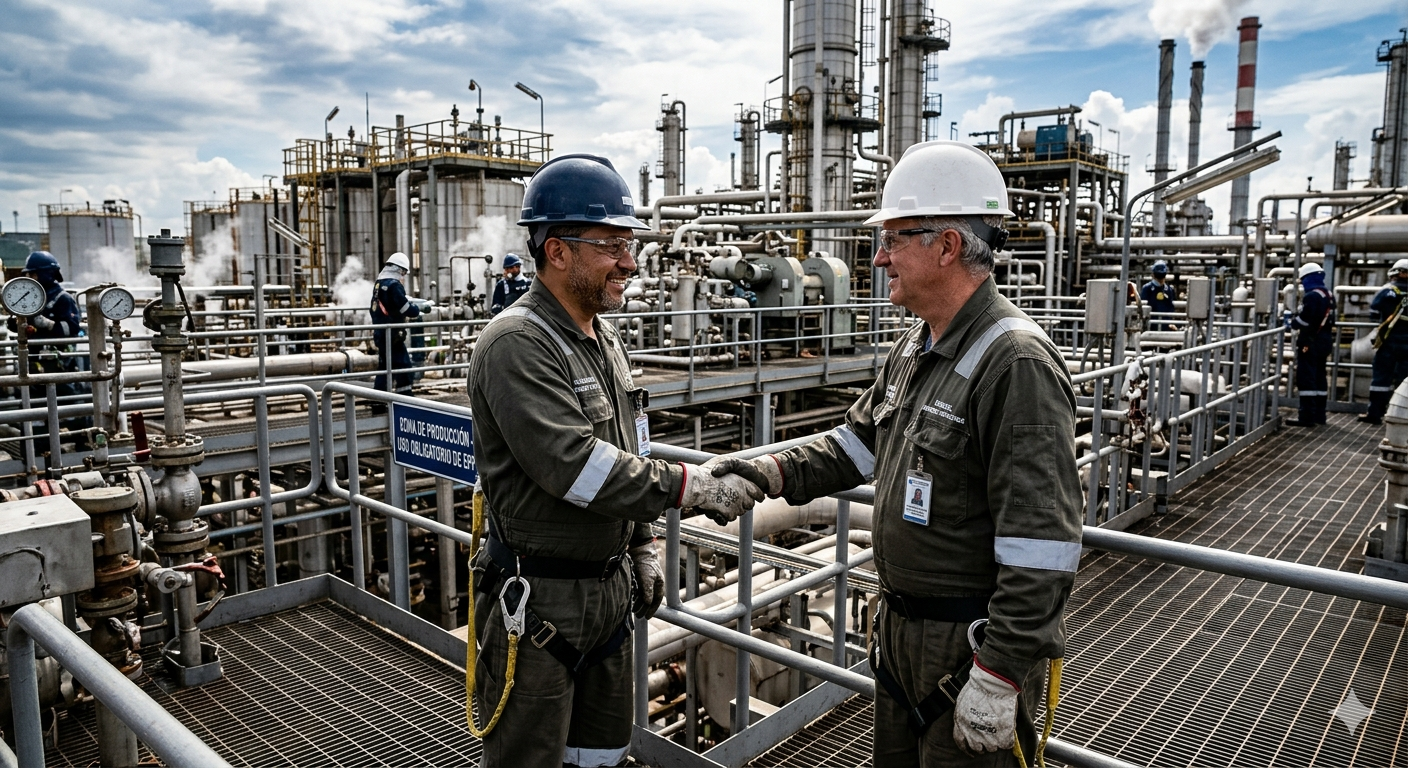Dos empleados de una refinería estrechan la mano en una planta industrial con muchas tuberías y estructuras de metal, con cielo despejado.