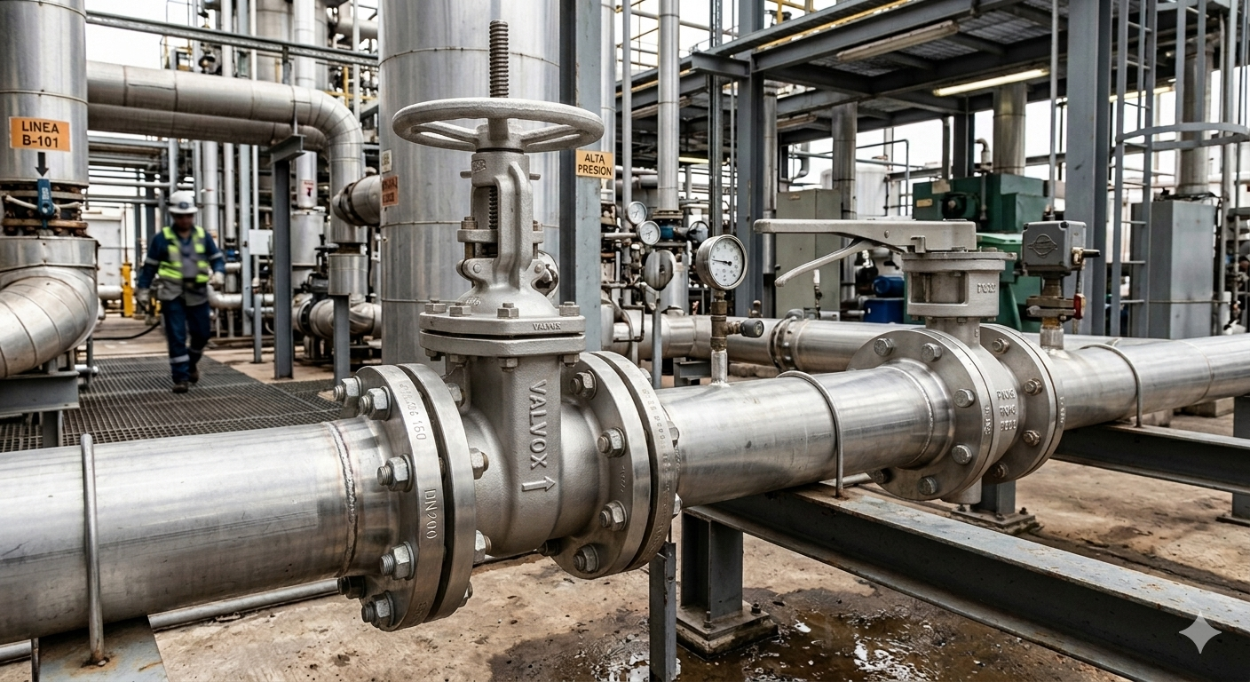 Planta industrial con tuberías de acero inoxidable, válvula y medidores de presión, dos trabajadores con casco y chaleco de seguridad.