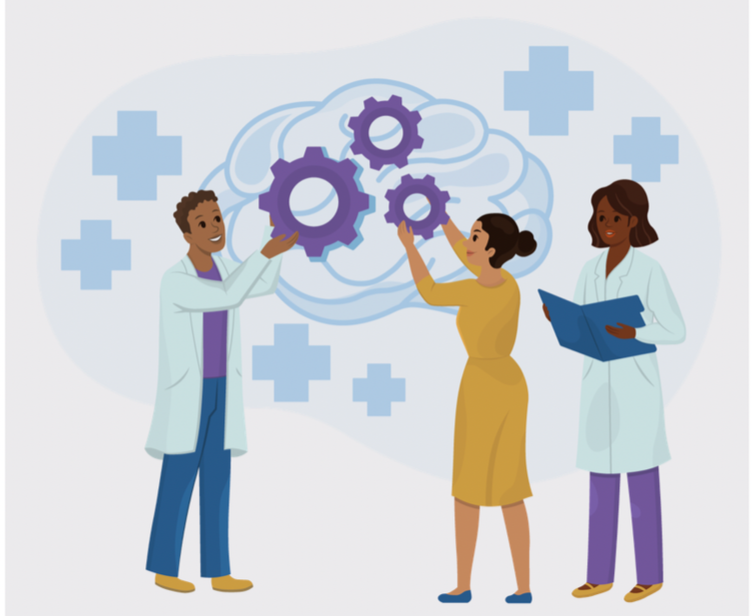 Three medical professionals, two women and one man, collaborating on assembling gears within a cloud symbol, symbolizing teamwork in cloud-based healthcare technology.