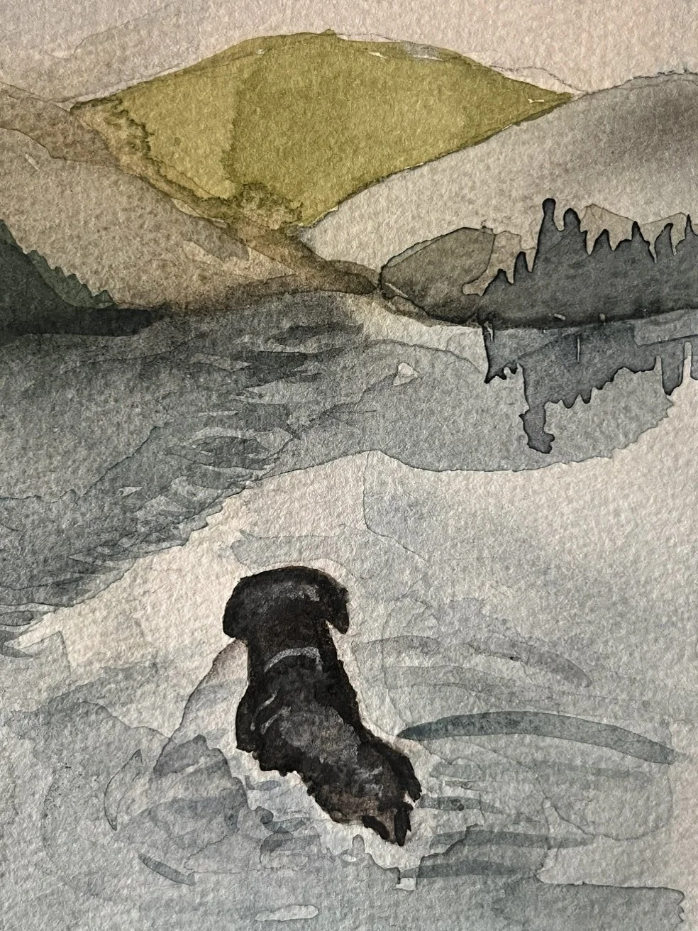 Watercolor painting of a black dog sitting on a rocky path near a lake with mountains and a yellowish sun in the sky.