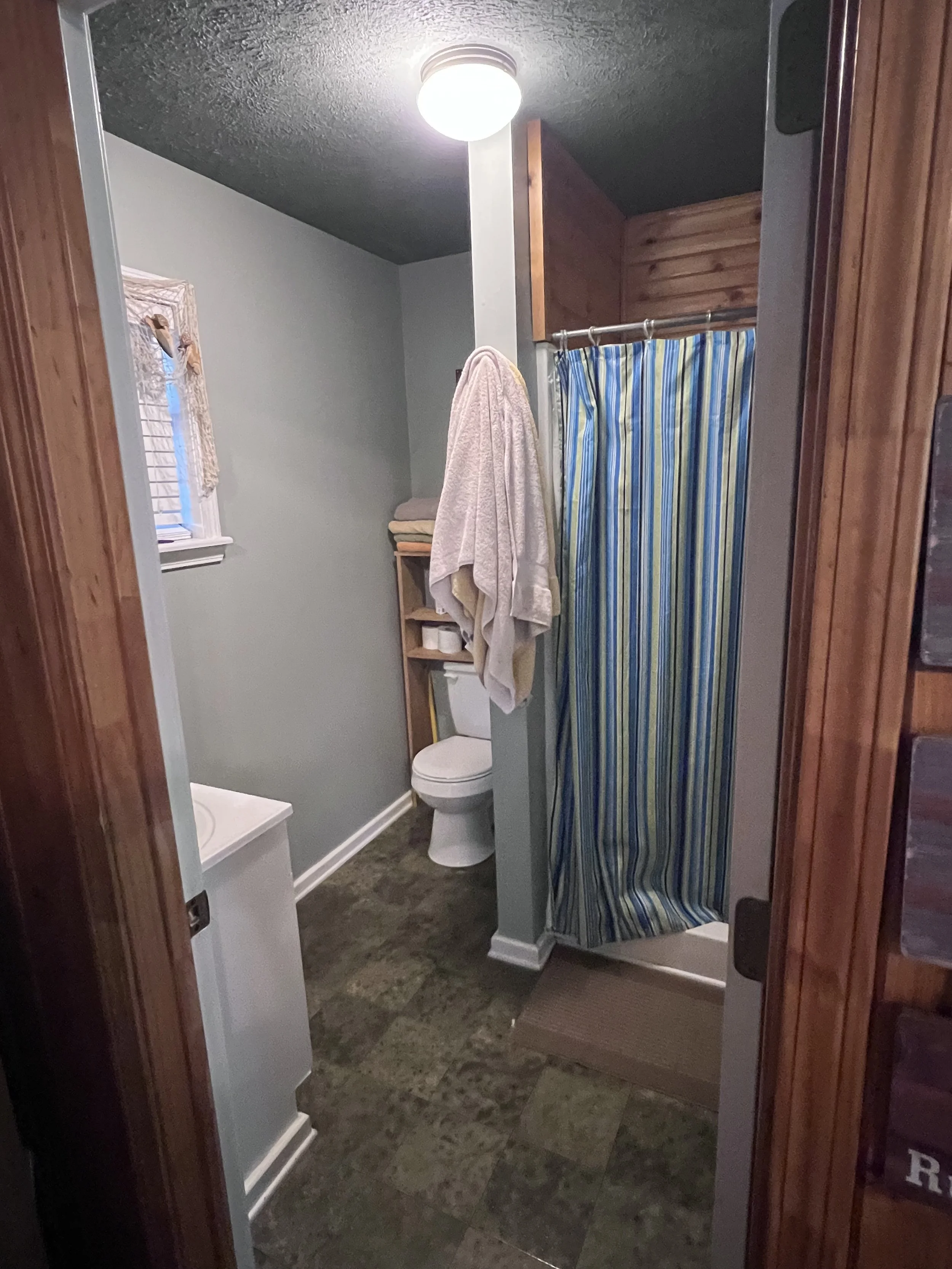 A full bathroom with a standing shower.