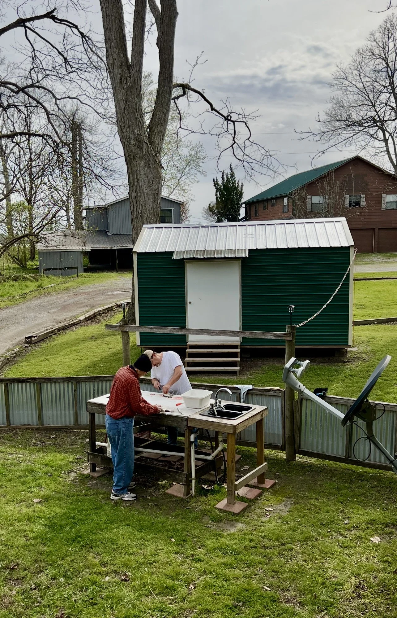 Two men clean fish at a table in the yard.