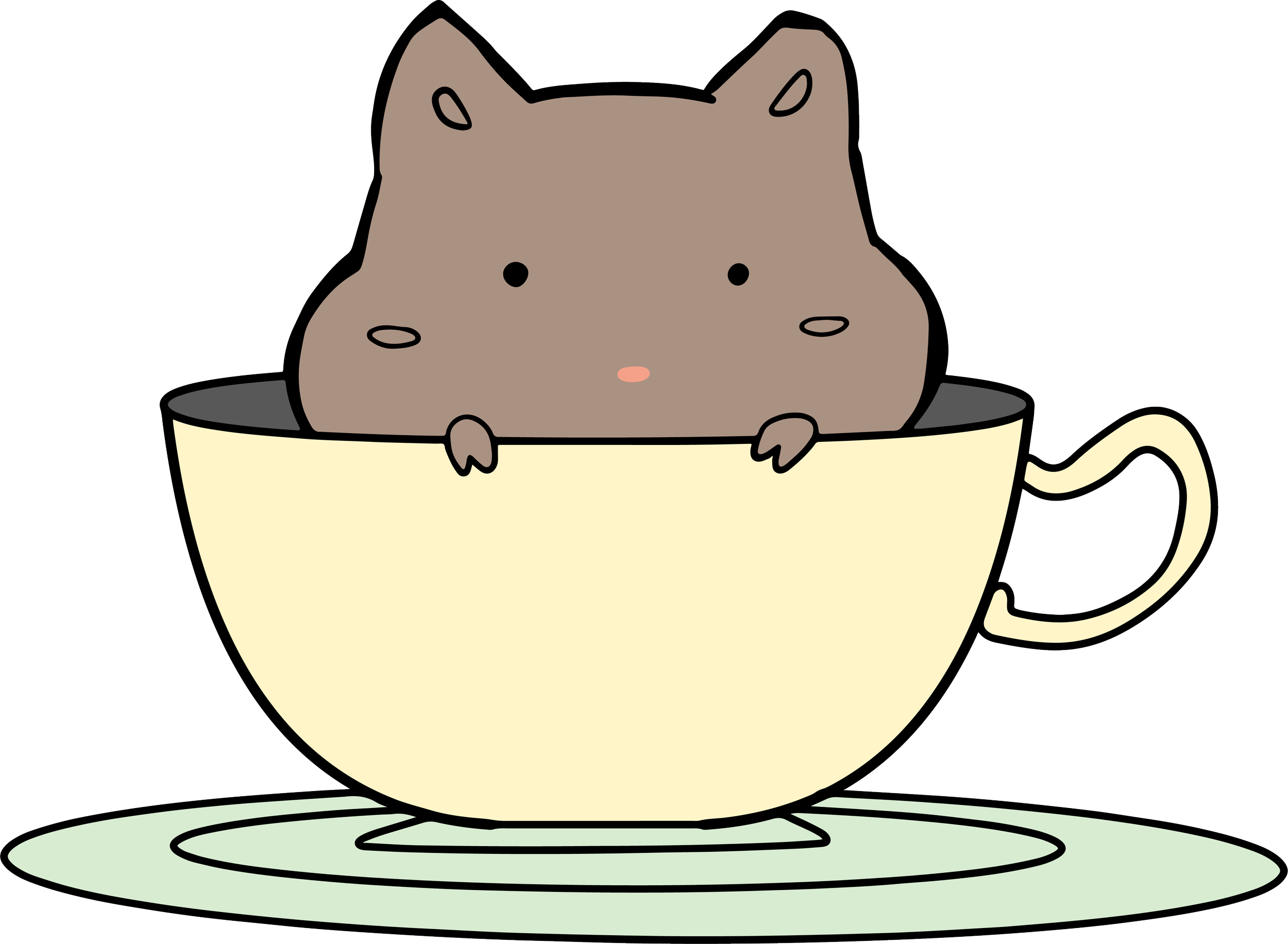 A cute cartoon hamster with a pink nose and small black eyes sitting inside a large cream-colored teacup on a green placemat.