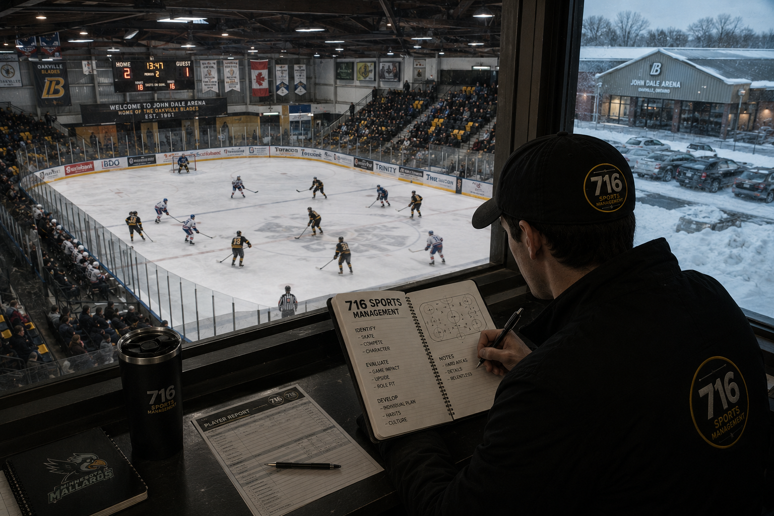 Hockey game/scouting image: Hockey game being evaluated from the press box.