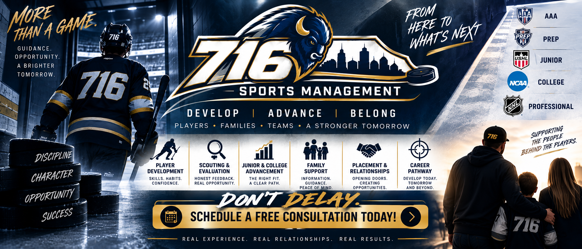 A promotional graphic for Z16 Sports Management featuring a hockey player walking into an arena, with an urban skyline in the background. The graphic emphasizes development, advancement, and belonging in sports, and includes a call to action for scheduling a free consultation.