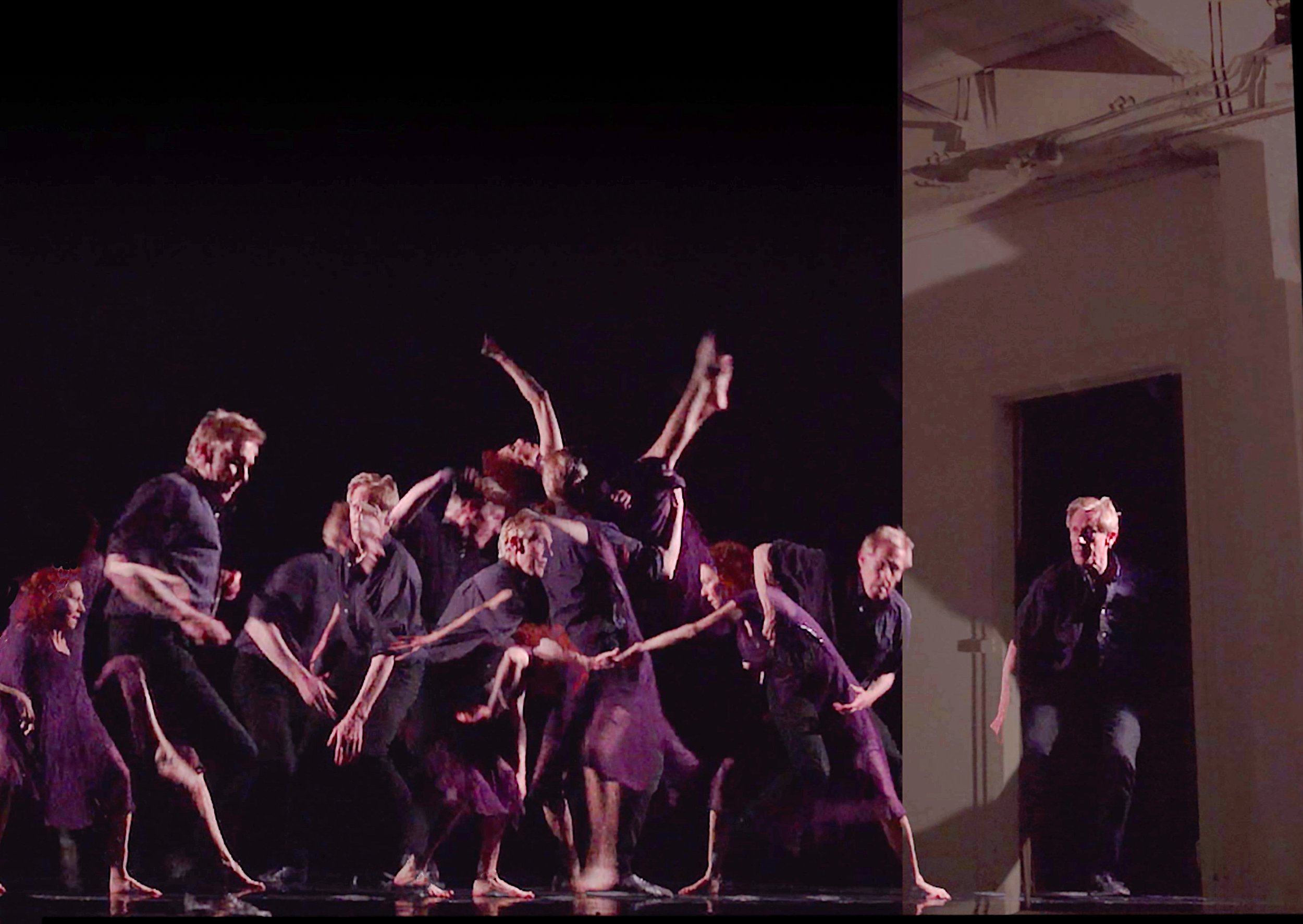 multiple image overlays of dancers on a blackbox stage