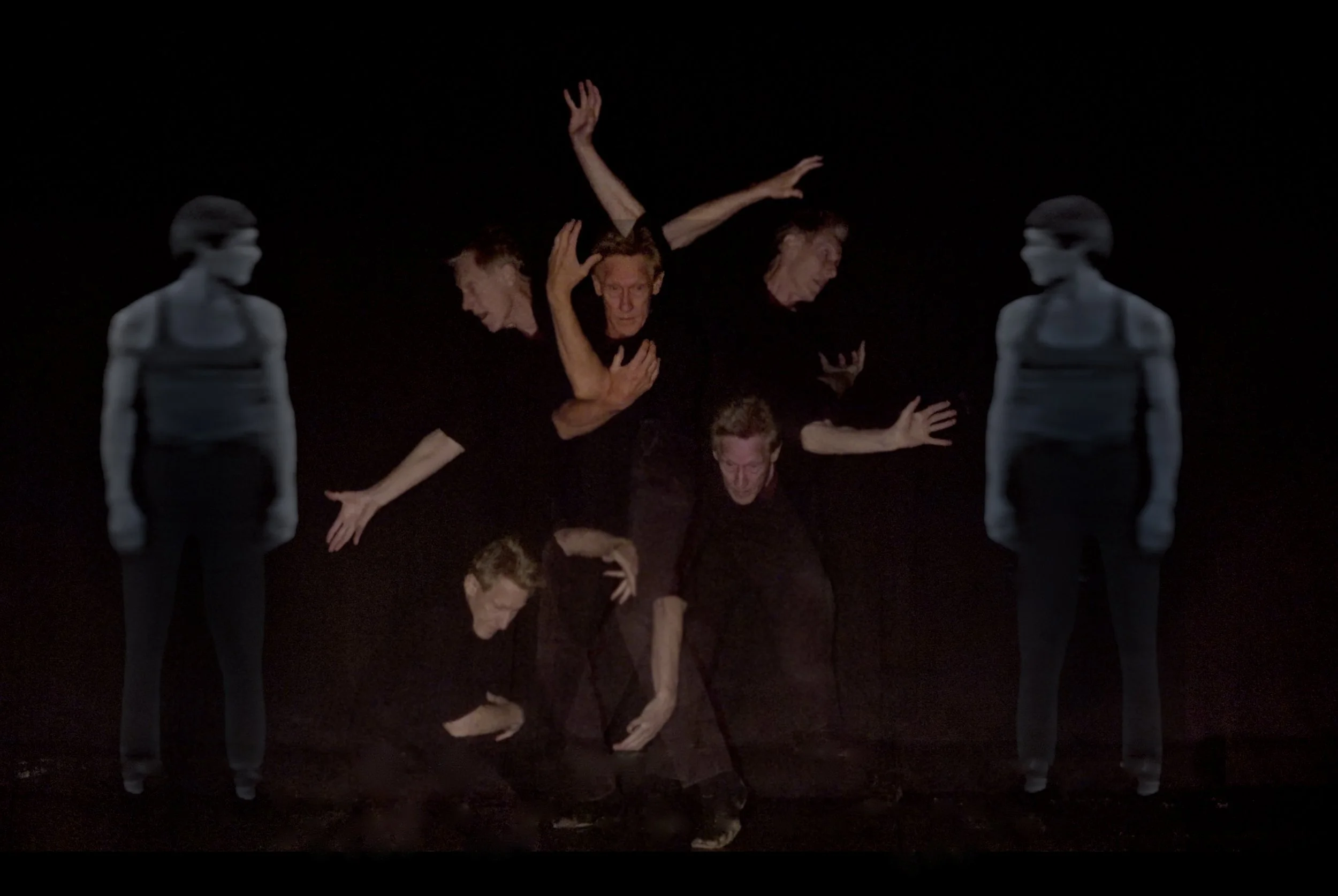 multiple image overlays of dancers on a blackbox stage