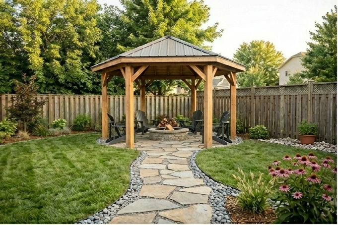 Backyard garden with a wooden gazebo and a stone pathway surrounded by grass, plants, and flowers.