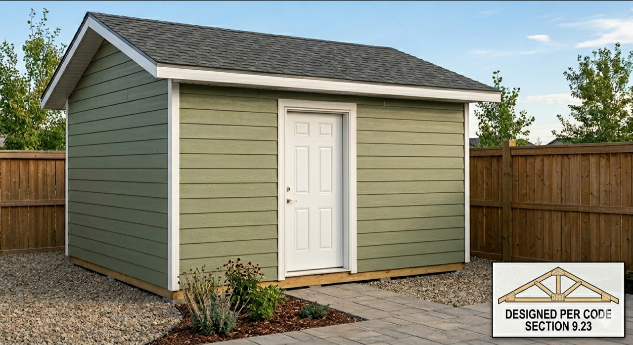 A small green shed with a white door, a gray shingle roof, and a wooden fence in the background, situated on a gravel and stone pathway with some plants in front.