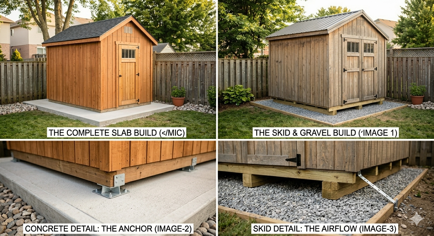 Side-by-side photos of a wooden shed. The left shows the complete shed with a concrete slab foundation. The right shows the shed's skids and gravel foundation. The bottom left highlights the anchor hardware attached to the slab. The bottom right zooms in on the airflow gap between the shed and the ground.