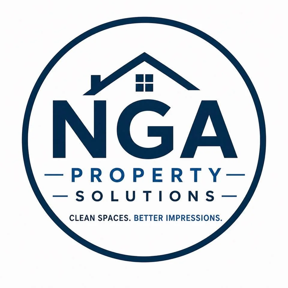 Logo for NGA Property Solutions featuring a house roof graphic and the text 'NGA Property Solutions' with the slogan 'Clean spaces. Better impressions.'