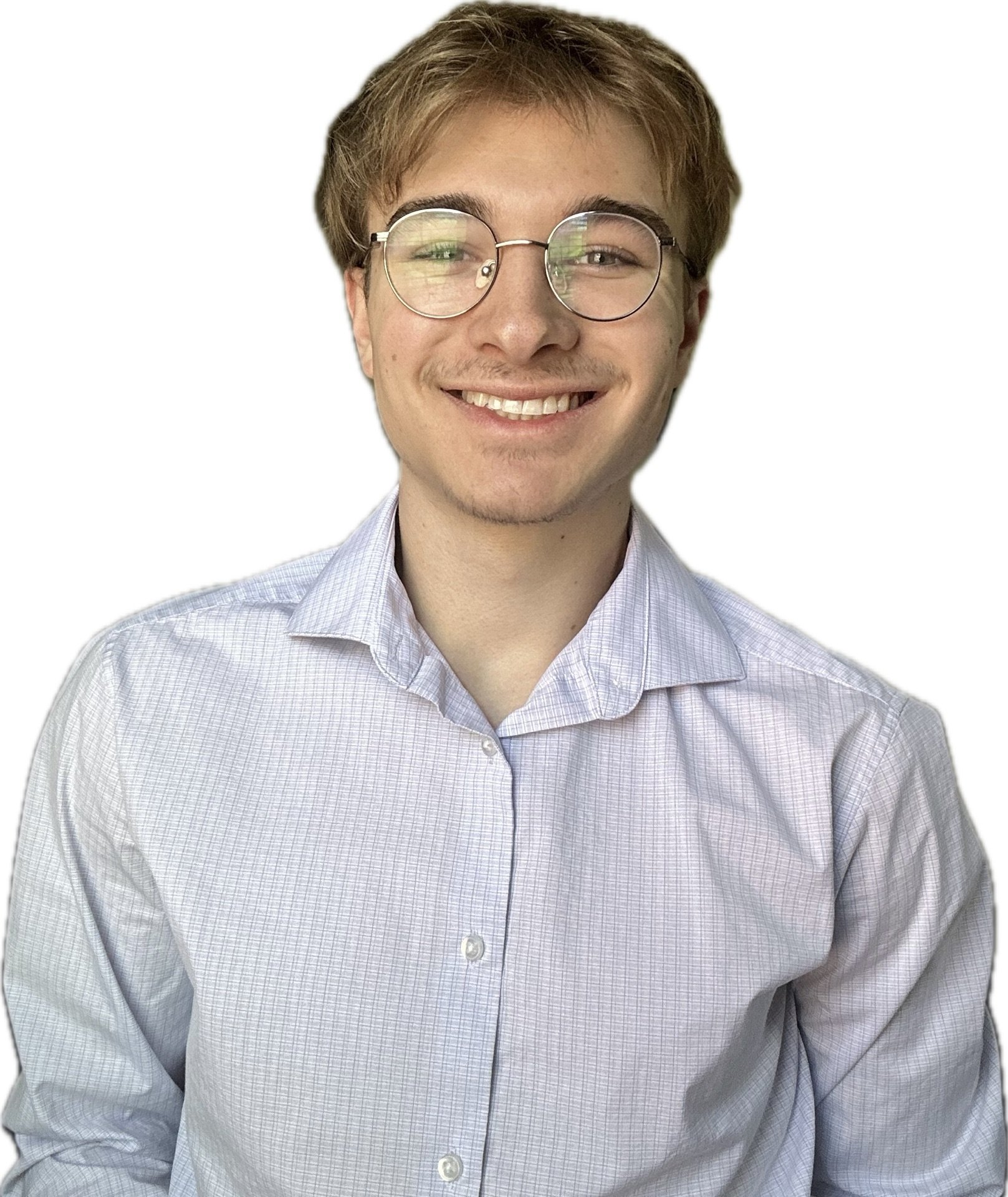 Headshot of a young man with light brown hair, glasses, and a smile, wearing a light checkered dress shirt.