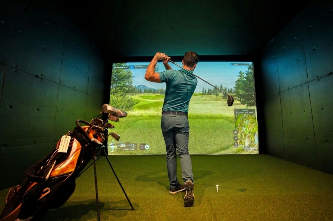 A man in a blue shirt and gray pants swings a golf club inside a golf simulator room. A golf bag with clubs is positioned nearby.