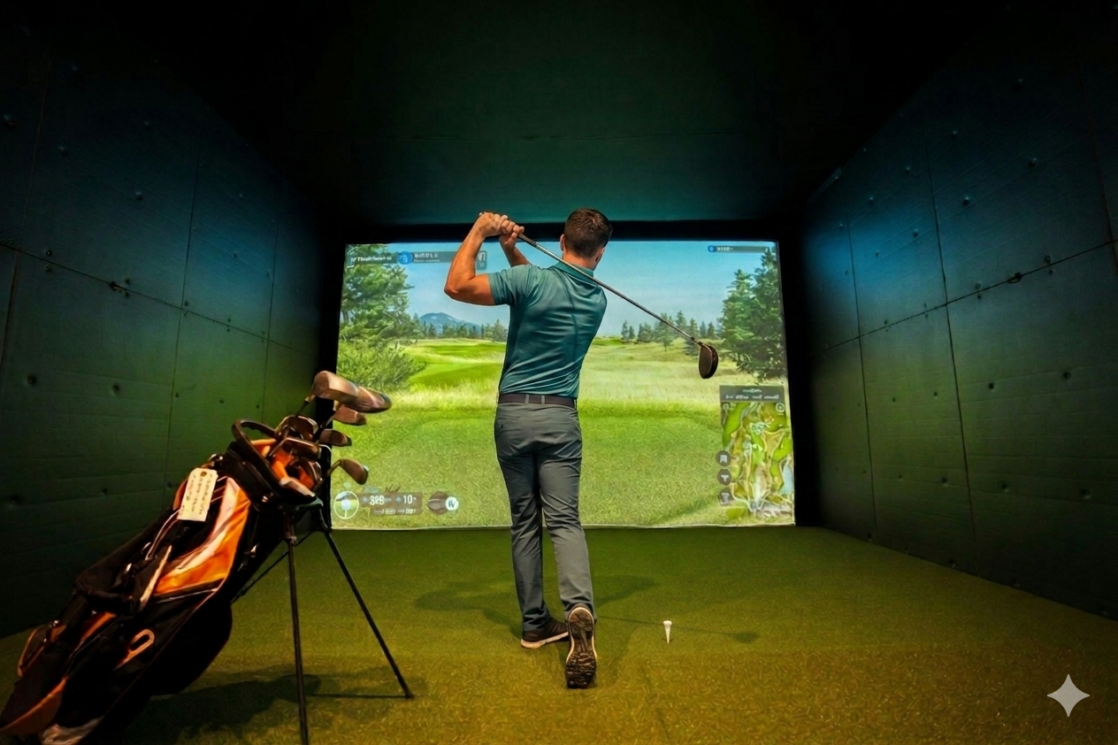 Indoor golf simulation with a man swinging a golf club in front of a virtual golf course screen, golf bag with clubs nearby.