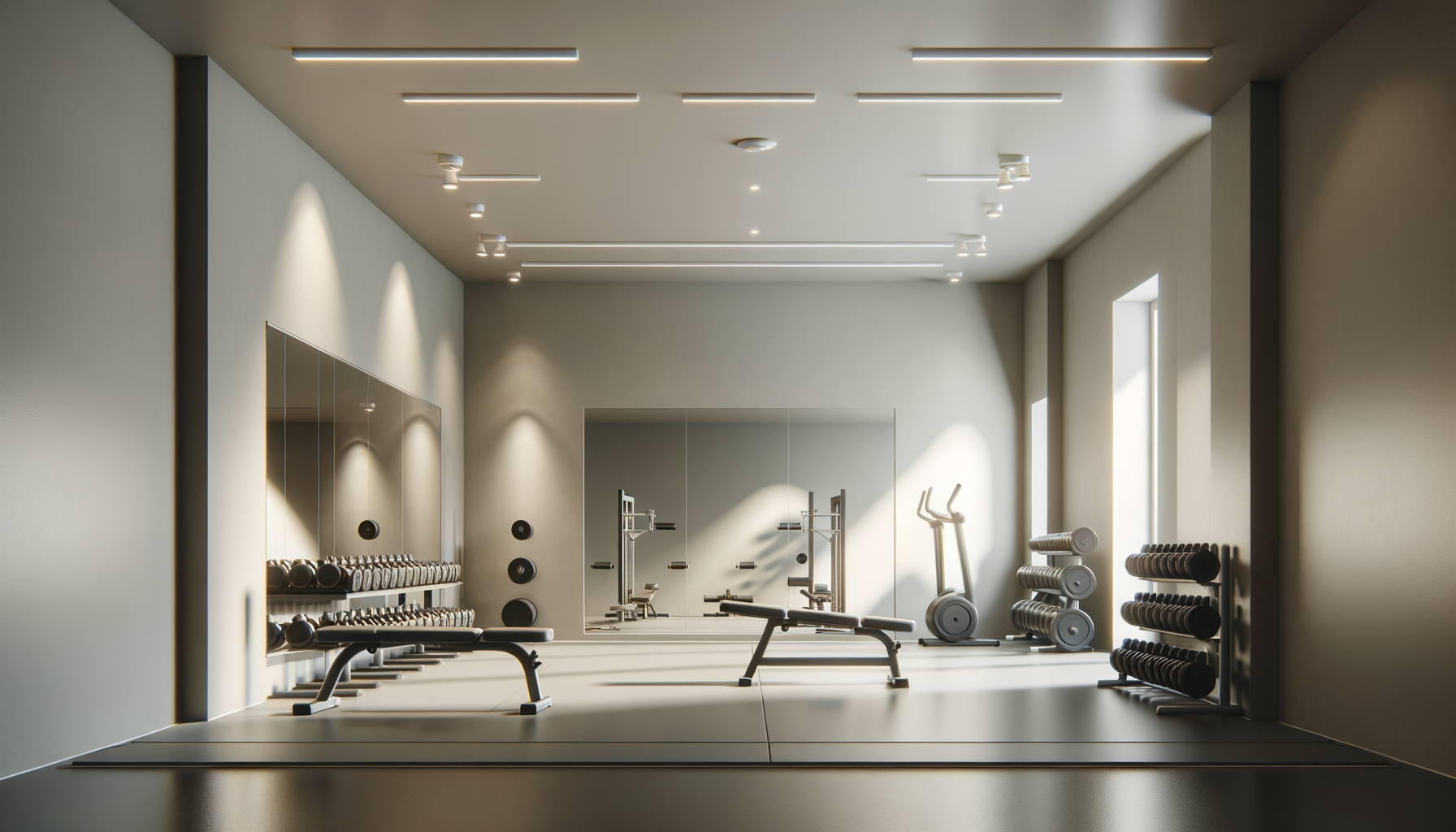 A modern gym with free weights, exercise machines, and a large mirror, illuminated by natural light from windows.
