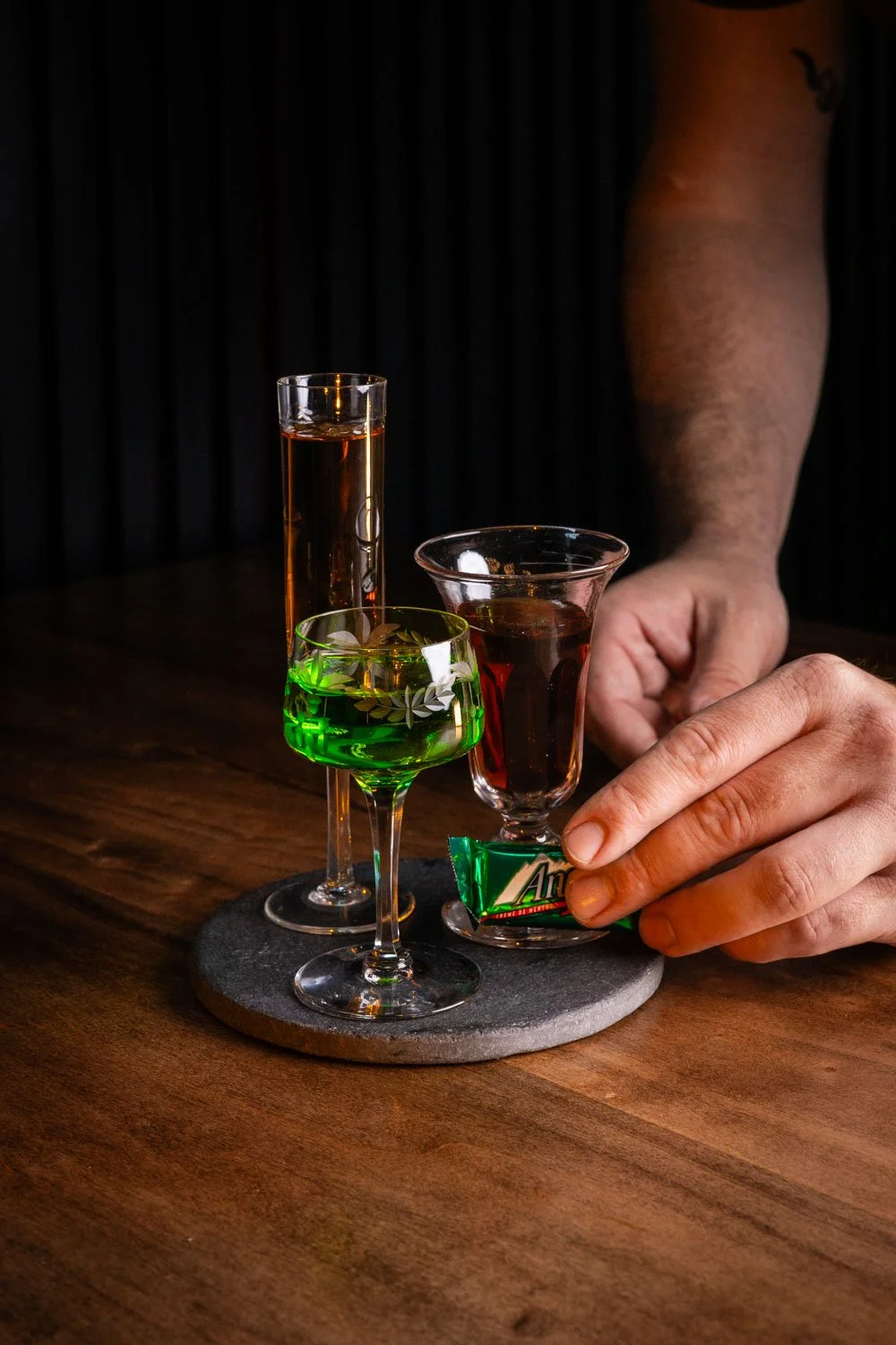 THIN MINT | 
Fernet Branca Menta and chocolate
infused vodka, served with an Andes mint
| FIRE STARTER |
House made “fireball” with cinnamon
infused Watershed whiskey
| BAJA BLAST OFF |
Yellow Chartreuse and Midori