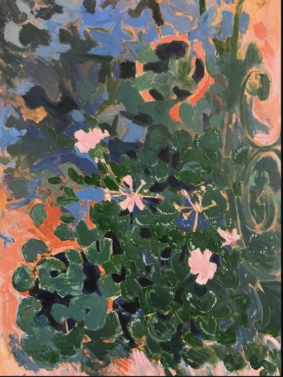 Géranium rose et fer forgé - Acrylique sur toile - 55x38 