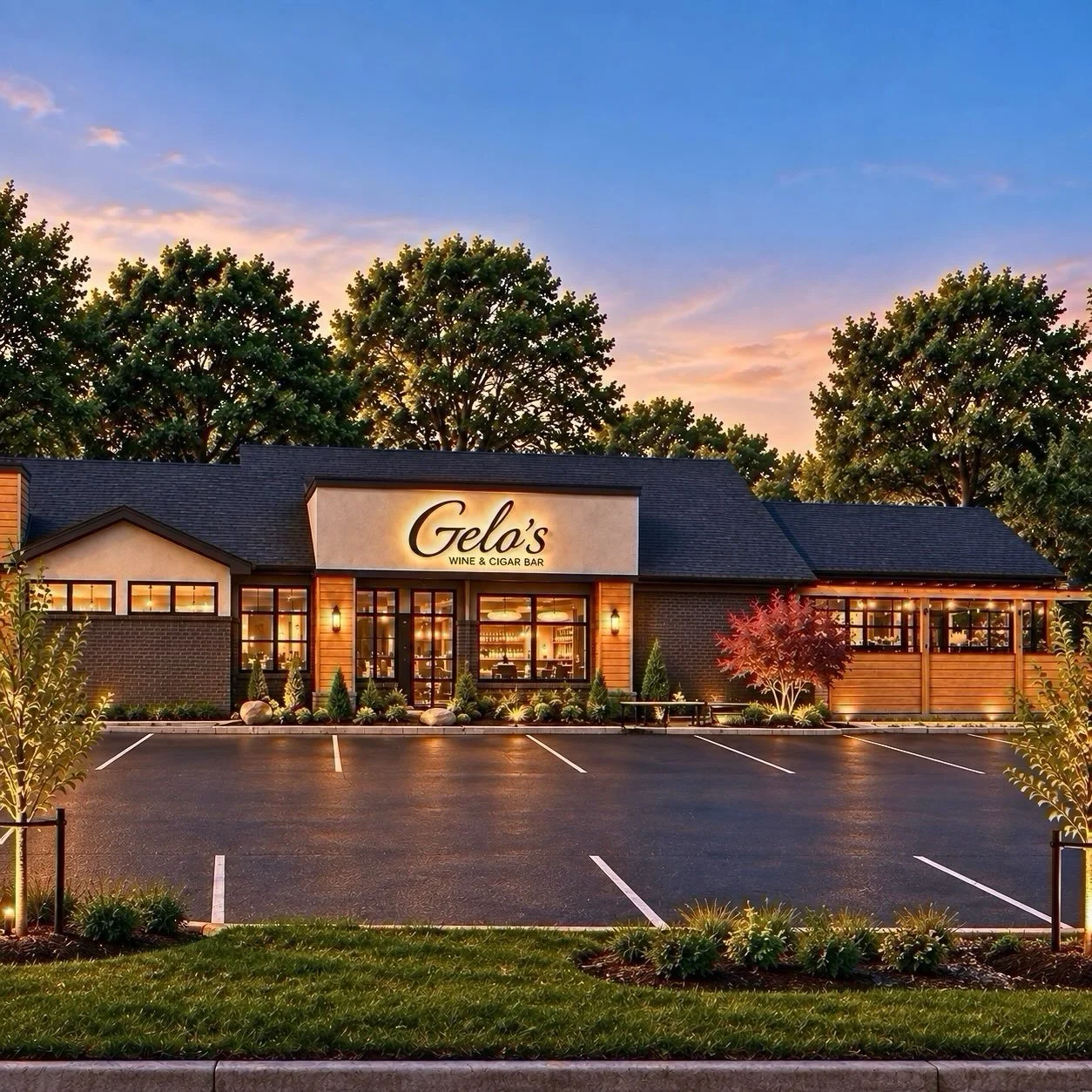 Architectural exterior rendering of Gelo's Wine & Cigar Bar, a new wine bar and cigar lounge coming soon to McMurray, Pennsylvania.