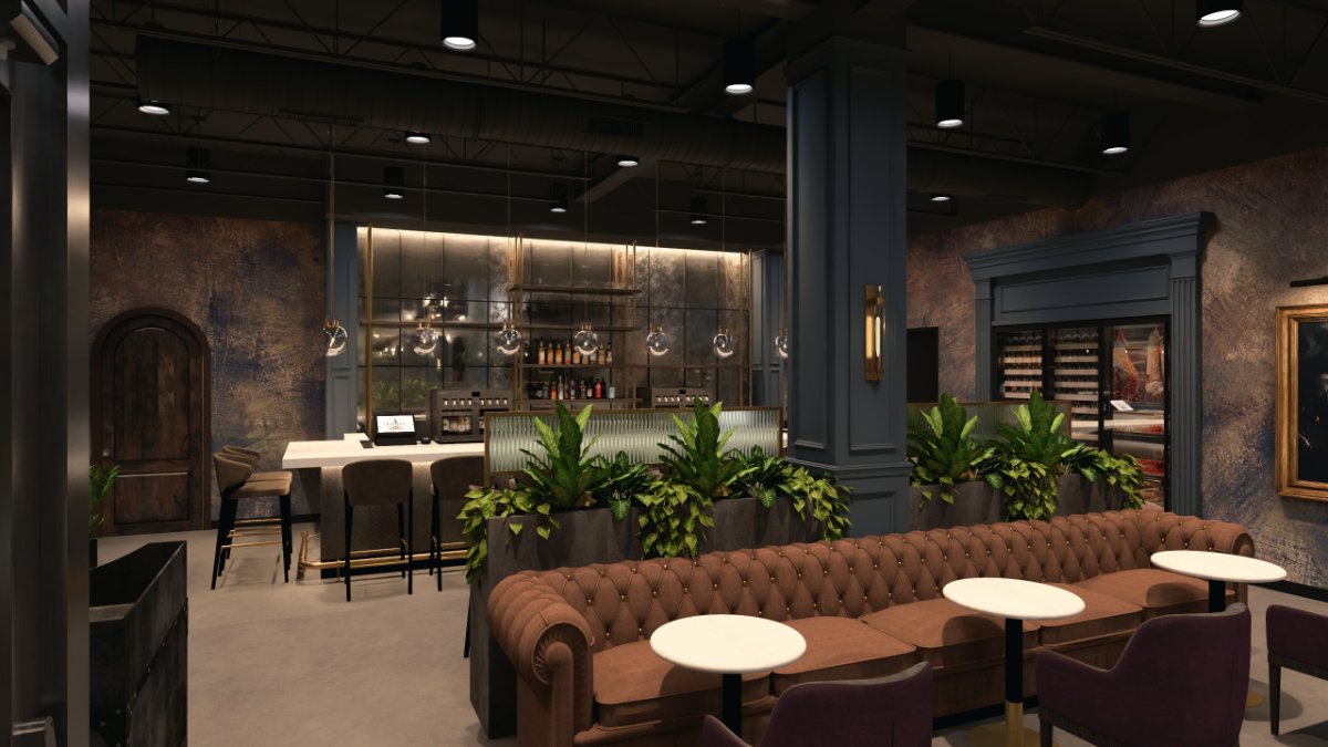 Elegant lounge with warm lighting and seating