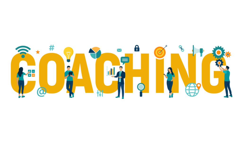 Illustration of the word 'COACHING' with small figures of people and icons related to communication, technology, and business around it.