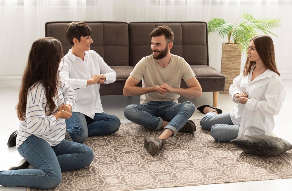 Five people sitting on a rug in a living room talking, with a brown couch, green plant, and window in the background.