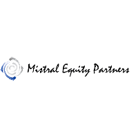 Logo for Mistral Equity Partners with a circular graphic and black text