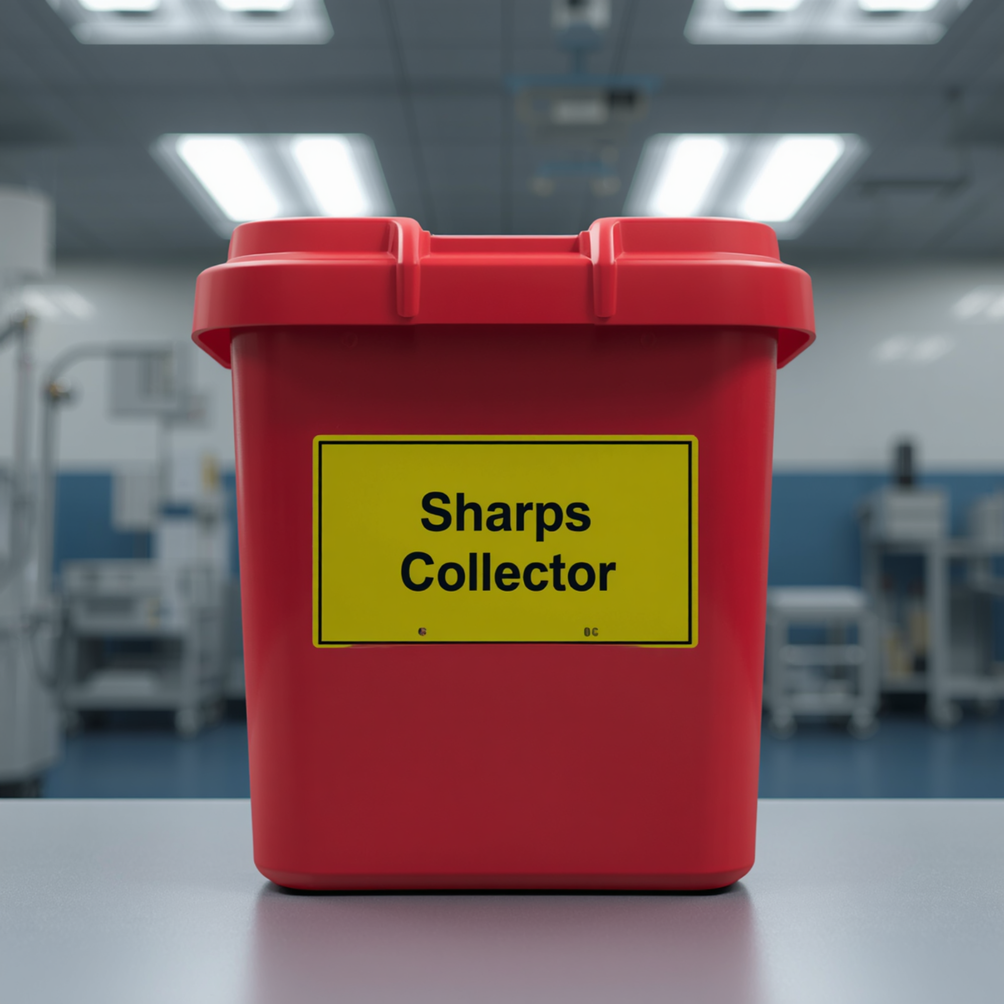 A red sharps container with a yellow label on a white table in a medical setting.