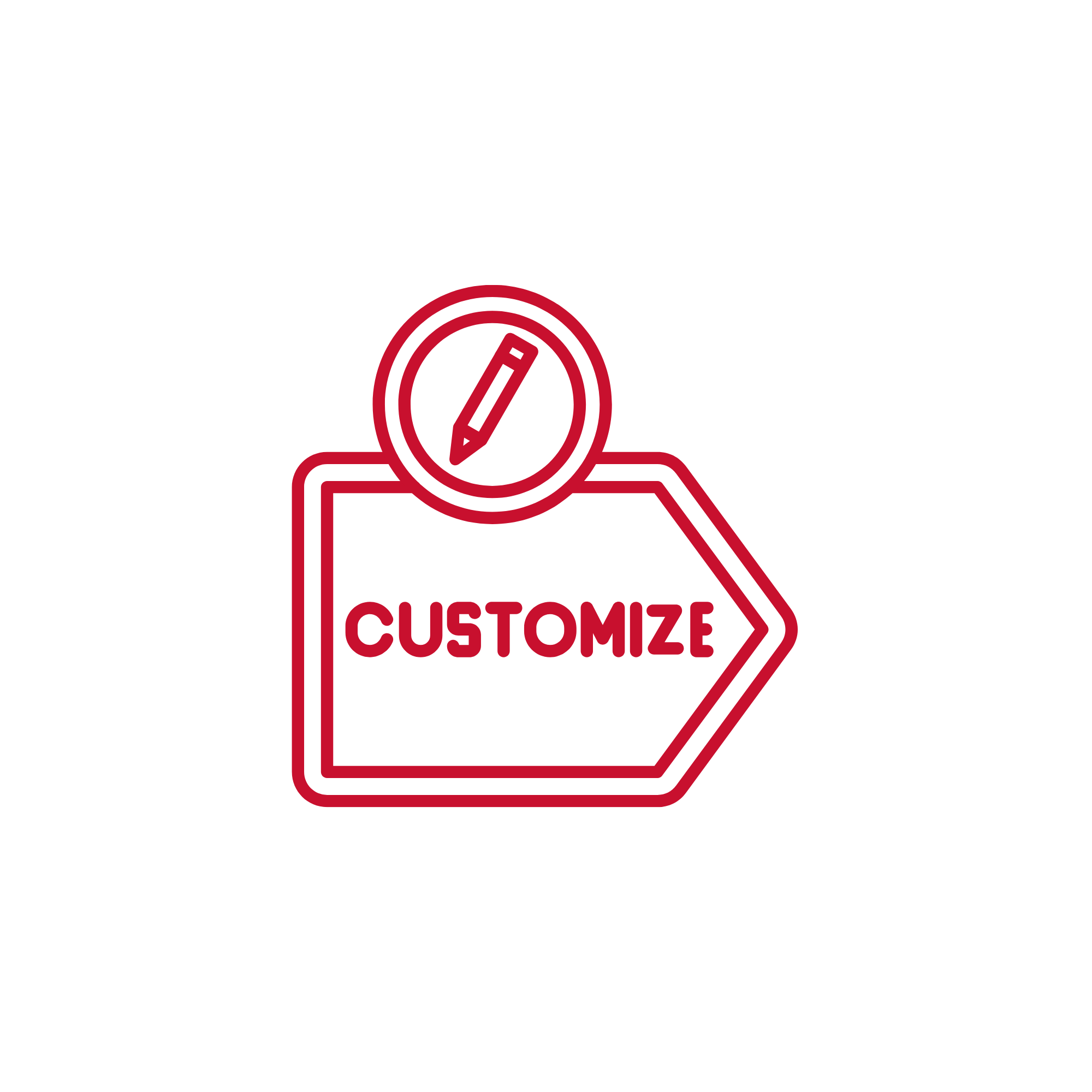 Black background with a red outline of a person, and a red circle with a pencil inside it below the head, and the word "CUSTOMIZE" written inside the outline of the person's body.