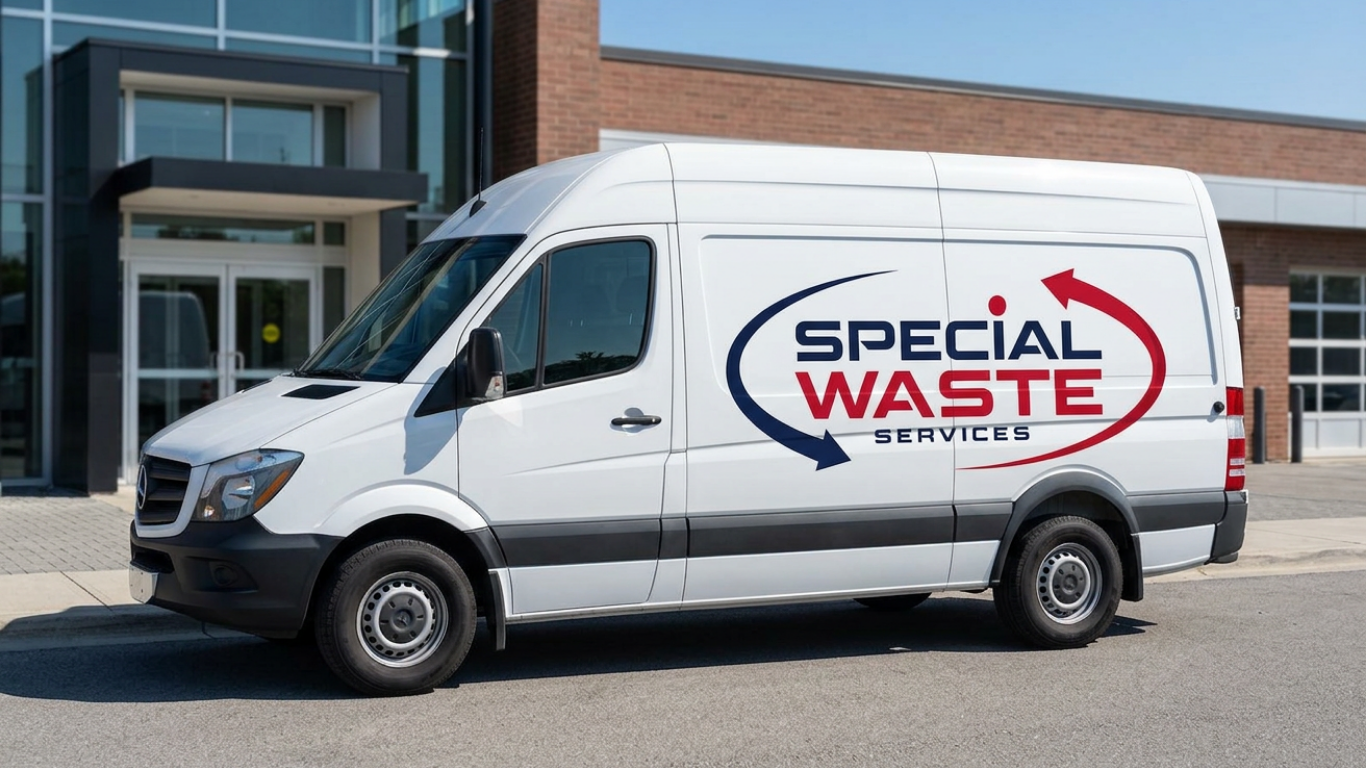 A white van parked outside a modern building, with the words "Special Waste Services" and arrows on the side.