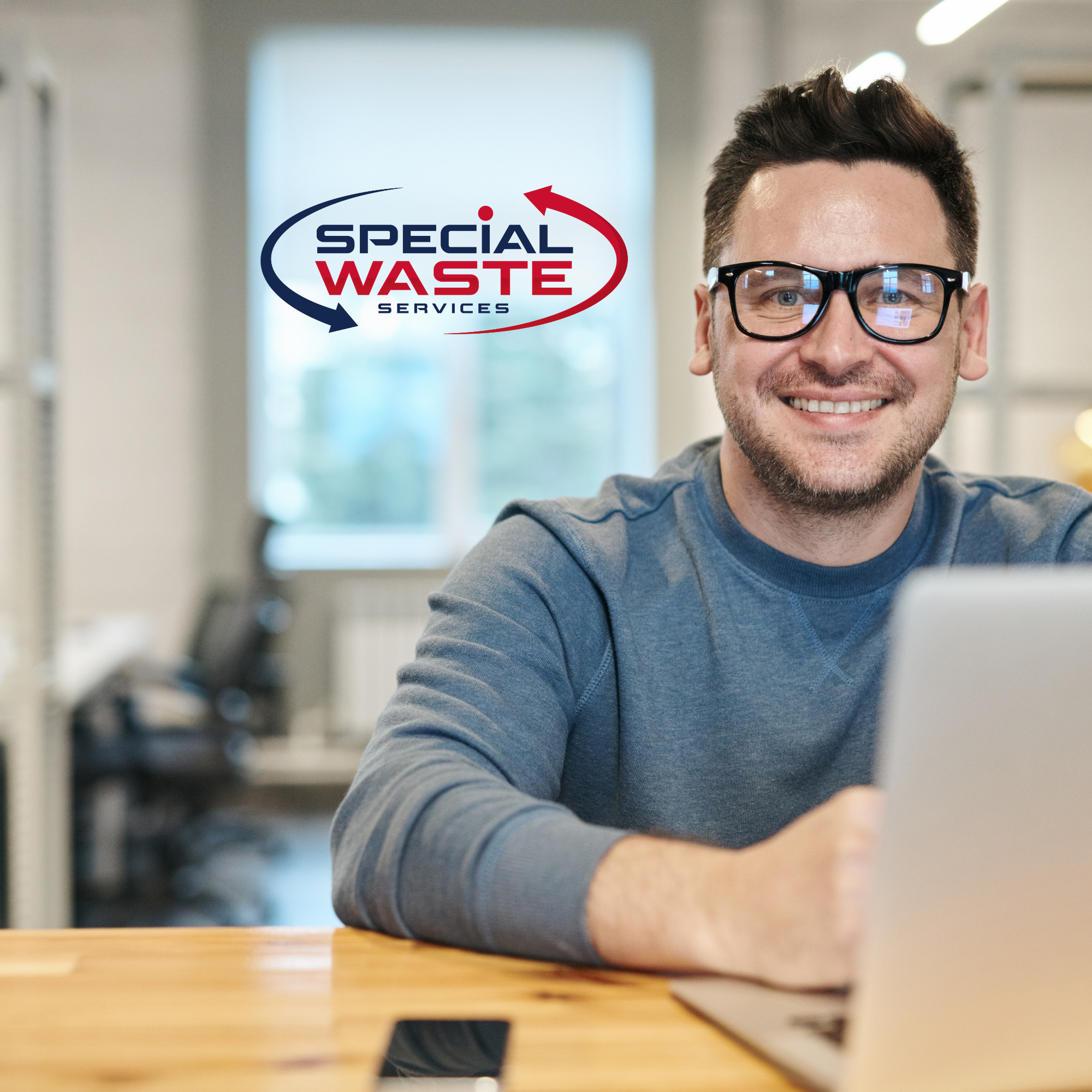 Smiling, friendly staff member of 'Special Waste Services' with company logo superimposed on left side of image.