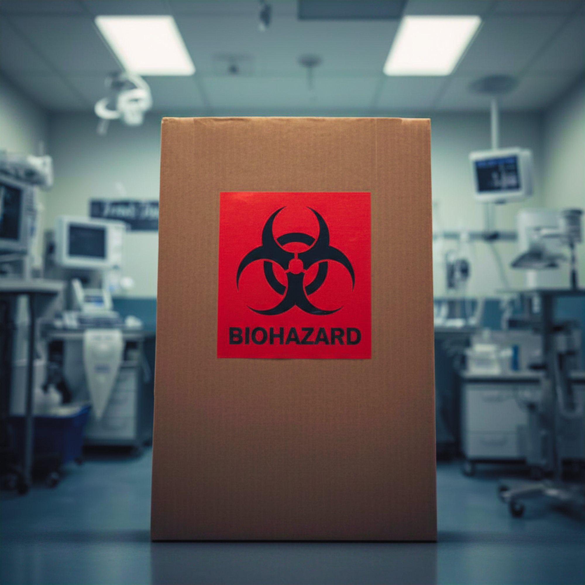 A cardboard box with a biohazard symbol on it is centrally placed in a medical or laboratory setting, with blurred medical monitors and equipment in the background.