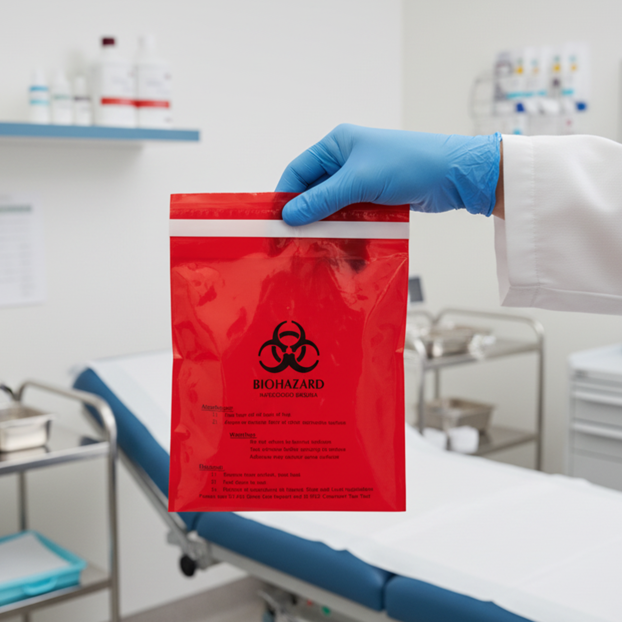 A red biohazard waste container on a hospital bed, with a casted arm next to it, in a medical setting with supplies on shelves in the background.