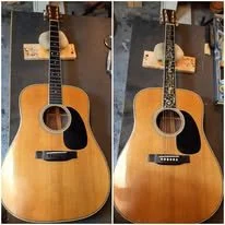 Side-by-side images of an acoustic guitar with a light wood finish, black pickguard, and dark fretboard, placed on a brown surface.