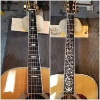 Comparison of two acoustic guitars showing the fretboards and backings, one with a plain fretboard and the other with an intricate patterned fretboard.