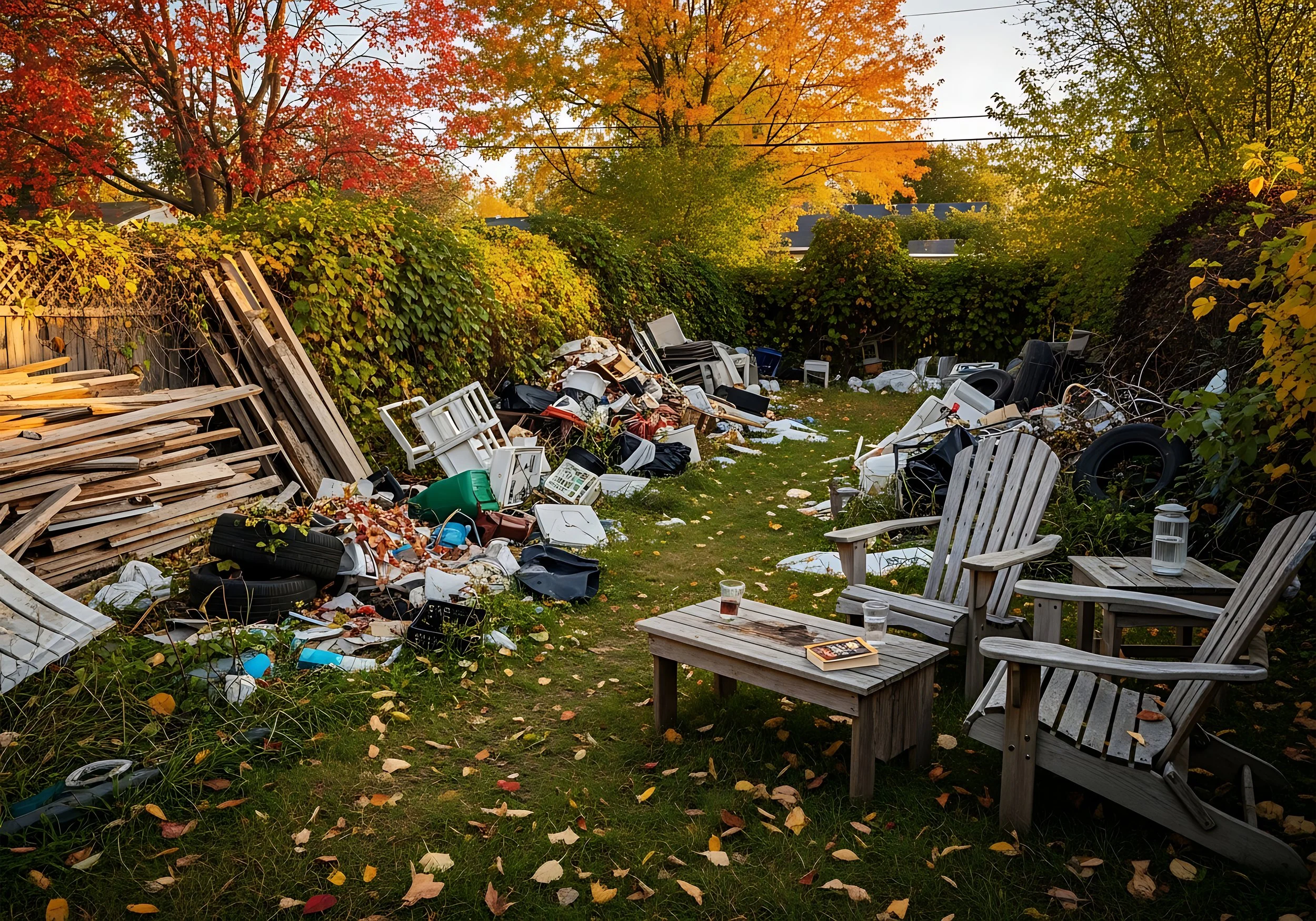 Backyard with scattered debris, discarded furniture, and trash, surrounded by trees with fall foliage.