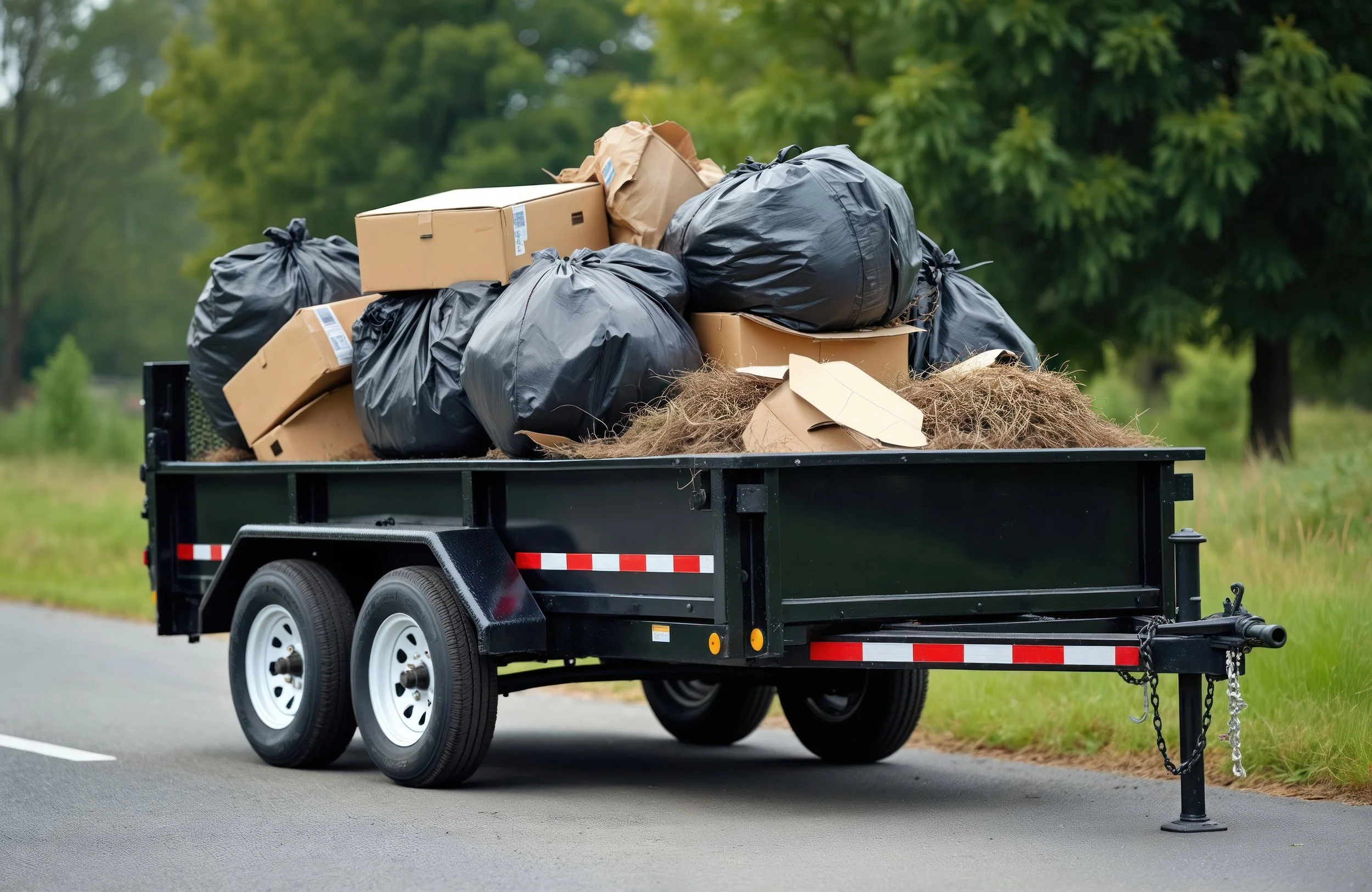 A black utility trailer filled with black garbage bags, cardboard boxes, and brown paper bags, parked on the side of a road surrounded by green trees.