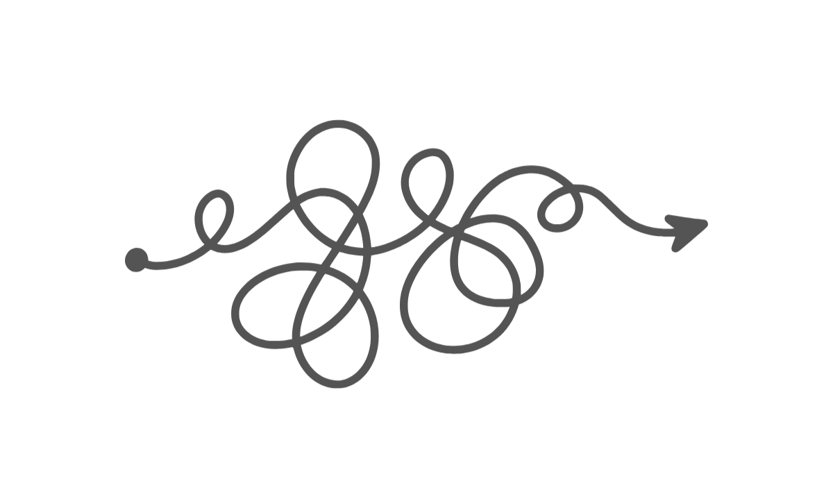 A black background with a complex gray line drawing resembling a tangled or chaotic path, ending with an arrow pointing to the right.