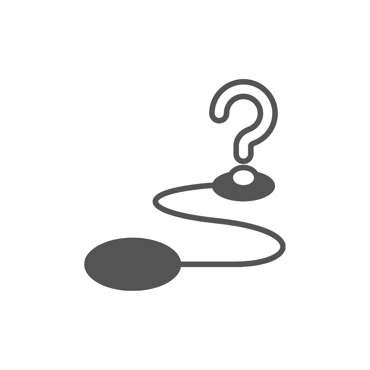 Outline of a computer mouse connected to a question mark icon, representing a tech support or troubleshooting concept.