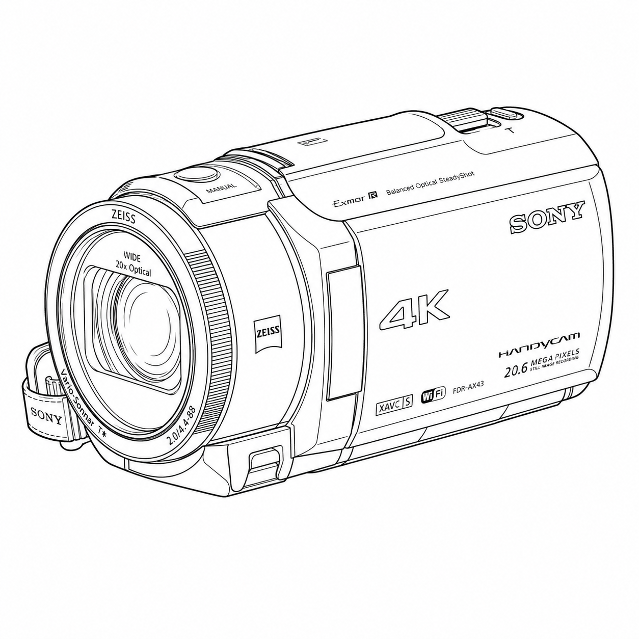 Line drawing of a Sony 4K Handycam camcorder, featuring a Zeiss 20x optical lens, Wi-Fi capabilities, and labeled with various features like Exmor R CMOS sensor, and 20.6 megapixels.