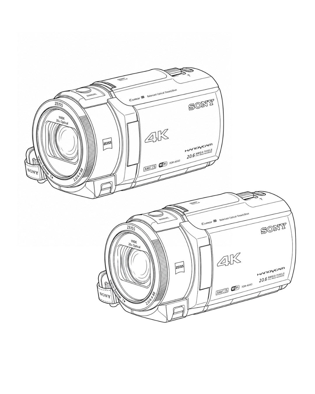 Black and white line drawing of two Sony 4K Handycam cameras, positioned diagonally and facing slightly left. The cameras feature detailed lenses and labels indicating specifications.