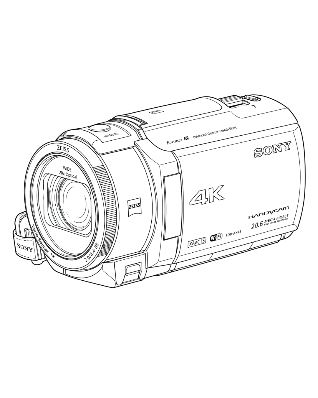 Outline of a Sony 4K Handycam camcorder with labels indicating features like Zeiss lens, 20.6 megapixels, and 4K recording.