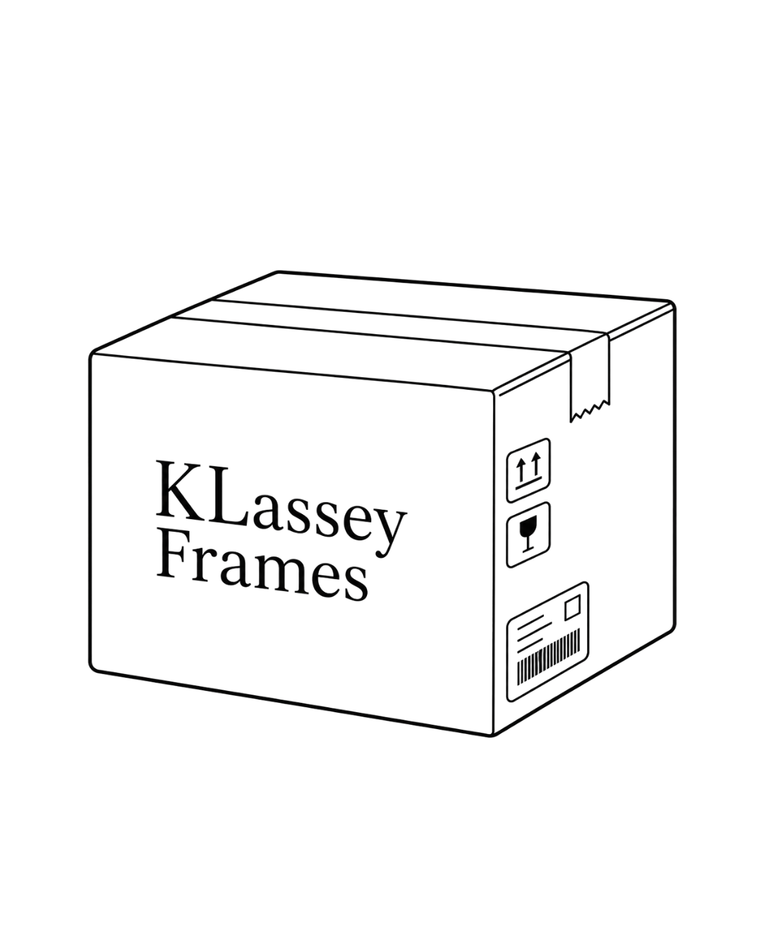 Outline of a cardboard box labeled 'Klassey Frames' with icons for tools, a barcode, and handling instructions.