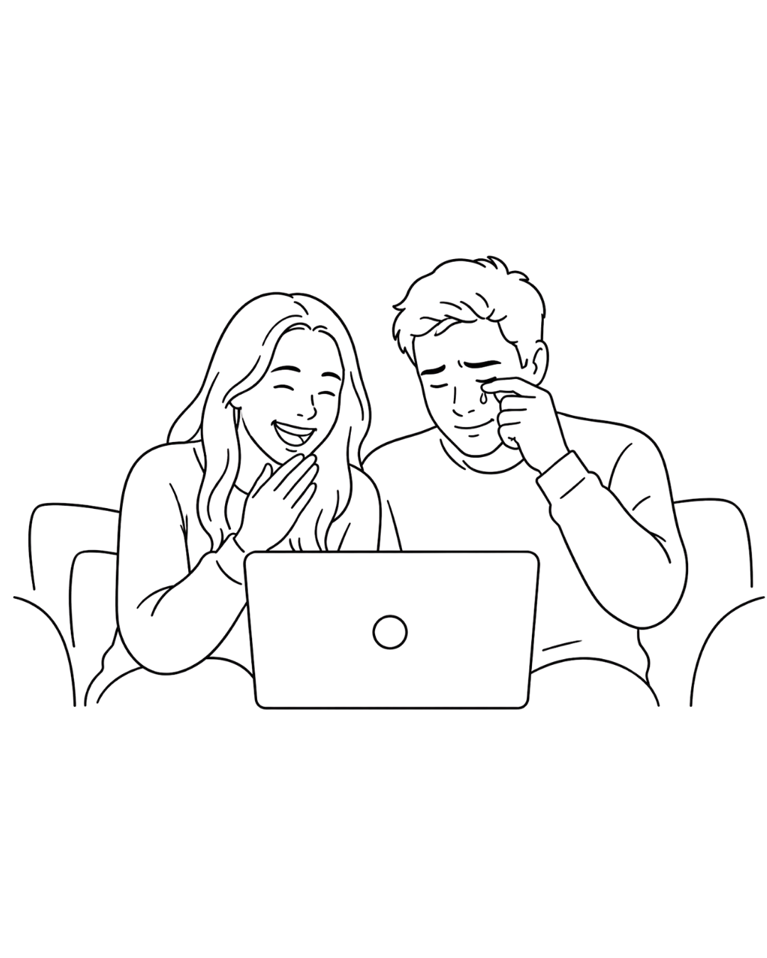 A line drawing of a man and woman sitting side by side looking at a laptop, both smiling and appearing amused.