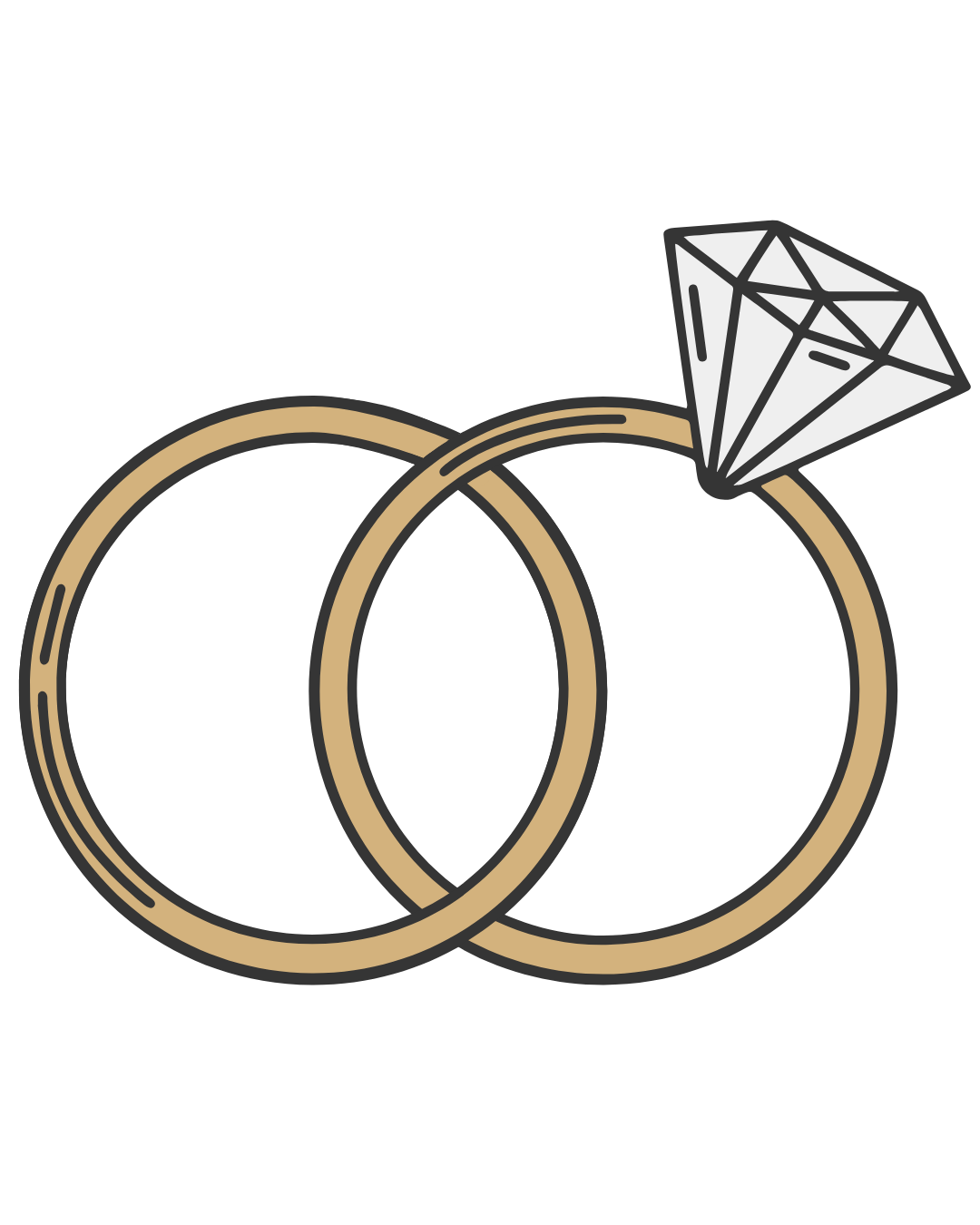 Illustration of two golden wedding rings, one with a diamond on top.
