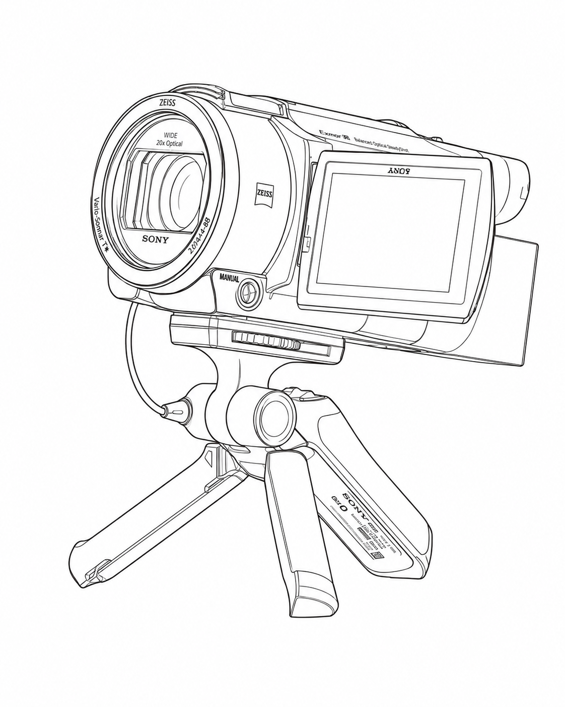 Line drawing of a Sony Handycam camcorder mounted on a tripod.