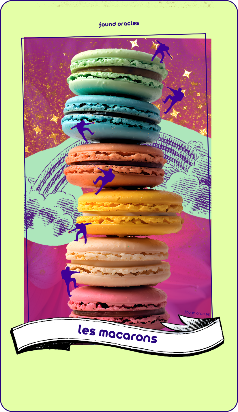 A tower of rainbow-colored macaron cookies stretching into the sky with a rainbow and glitter stars in the background, and tiny figures climbing up the mountain helping one another up. An antique scroll reads Les Macarons. Found Oracles