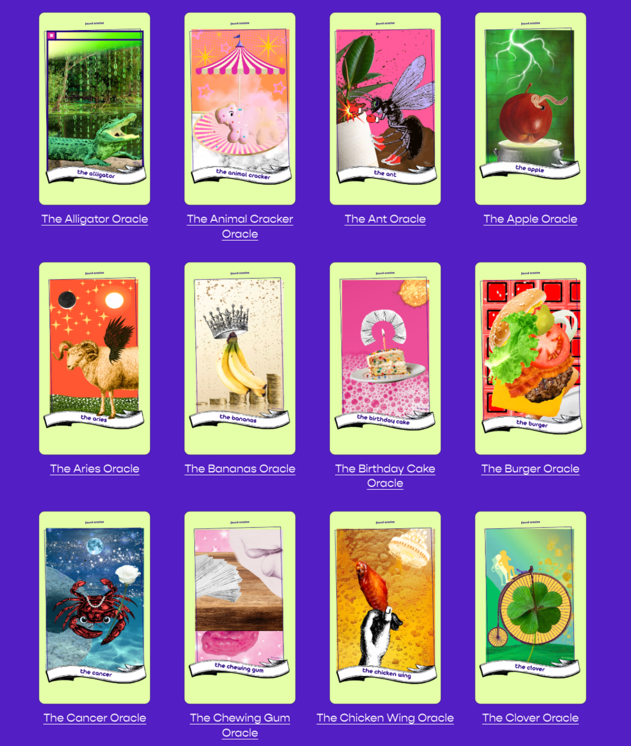 Screen shot of the inside of Found Oracles Digital Library showing 12 oracle characters to choose from including The Alligator The Animal Cracker The Ant and The Apple.