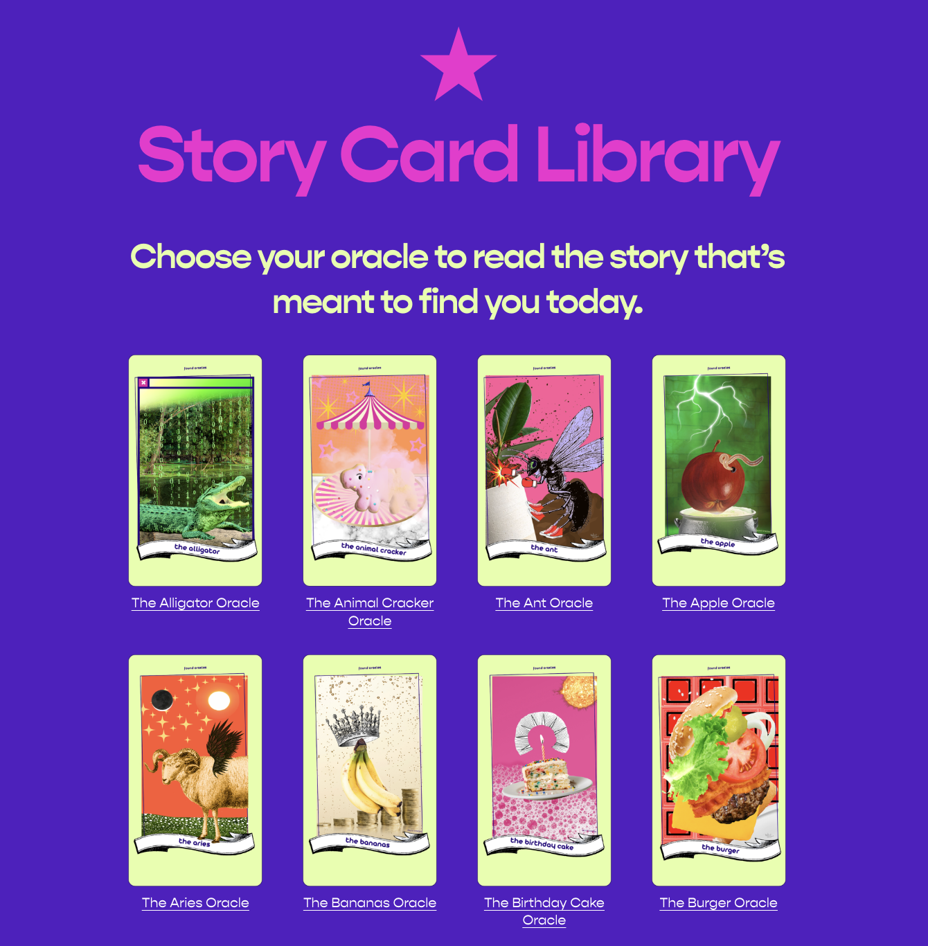A screen shot of the main story card library site page for the digital experience of Bailey Lewis' interactive narrative design project, Found Oracles.