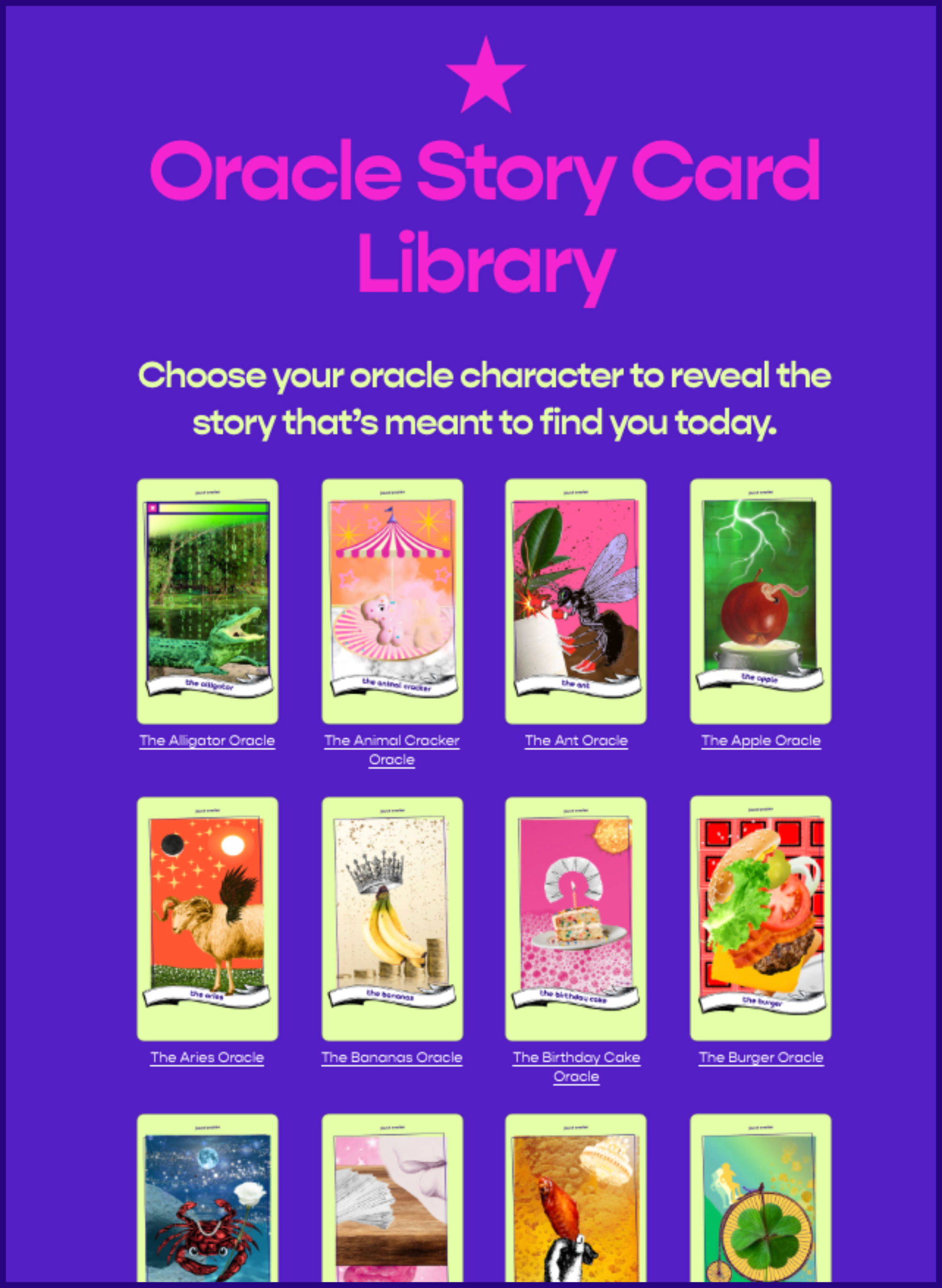 A top-of-page screen shot of the Found Oracles interactive story card library prompting the audience to choose an oracle character from the library grid of many colorful surreal object-based characters, to reveal the story that's meant to find them
